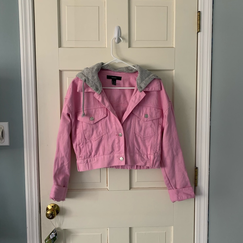 Pink Jean Jacket with Grey Hood